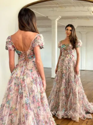 Chic A-line Off-the-shoulder Floral Beaded Long Prom Dress Elegant Eevening Dress #lop243