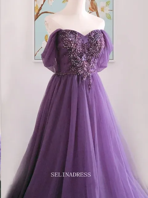 Chic A-line Off-the-shoulder Grape Long Prom Dresses Beaded Evening Dress OSTY042