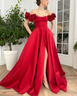 Chic A-line Off-the-shoulder Hand Made Flower Red Prom Dresses Long Evening Dress MHL1901