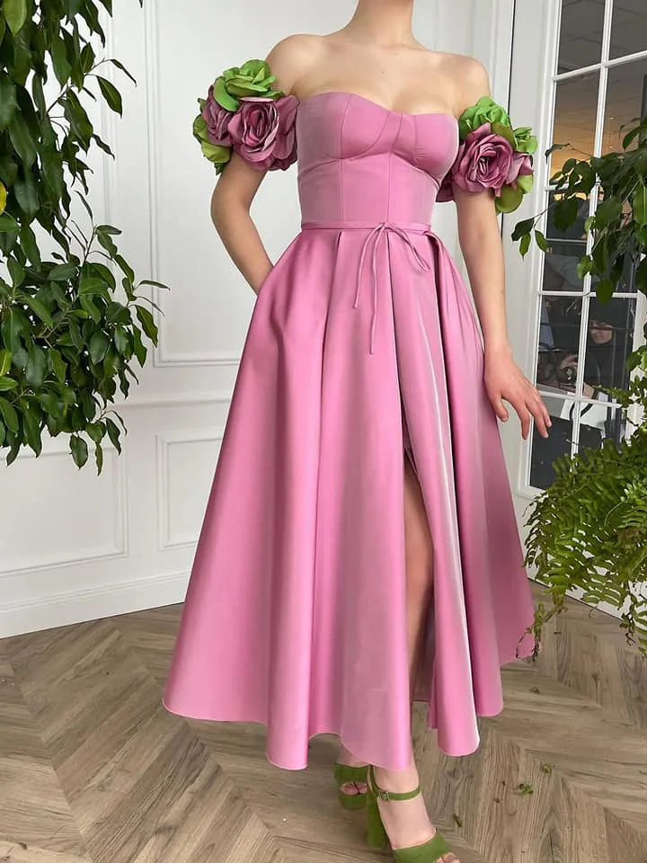 Chic A-line Off-the-shoulder Pink Ankle-length Prom Dresses Cheap Evening Dress MHL1902