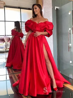 Chic A-line Off-the-shoulder Red Long Prom Dresses Satin Evening Gowns MHL177