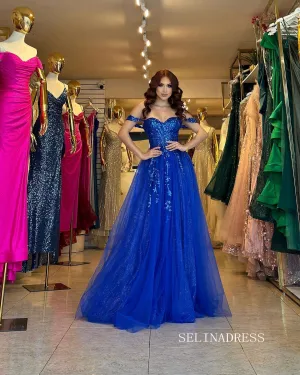 Chic A-line Off-the-shoulder Royal Blue Long Prom Dresses Elegant Lace Beaded Evening Dress sew03348