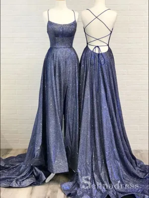 Chic A-line Spaghetti Straps Dark Navy Long Prom Dresses Sparkly Evening Dress CBD282