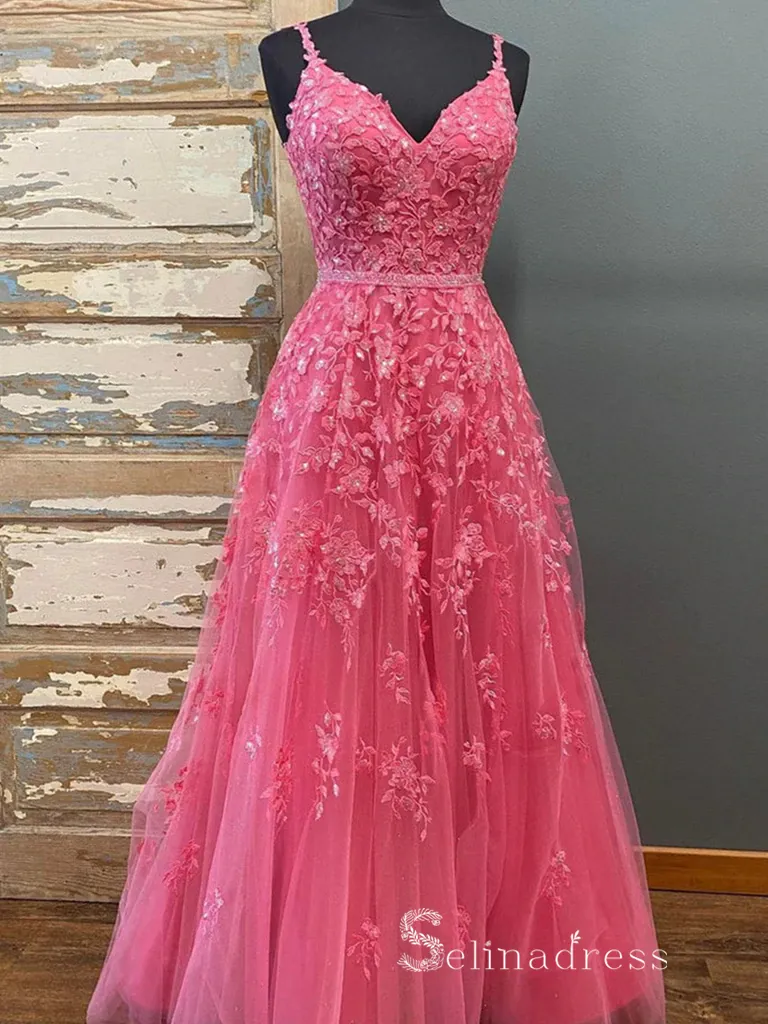 Chic A-line Spaghetti Straps Fuchsia Applique Long Prom Dresses Evening Dresses MLH1221