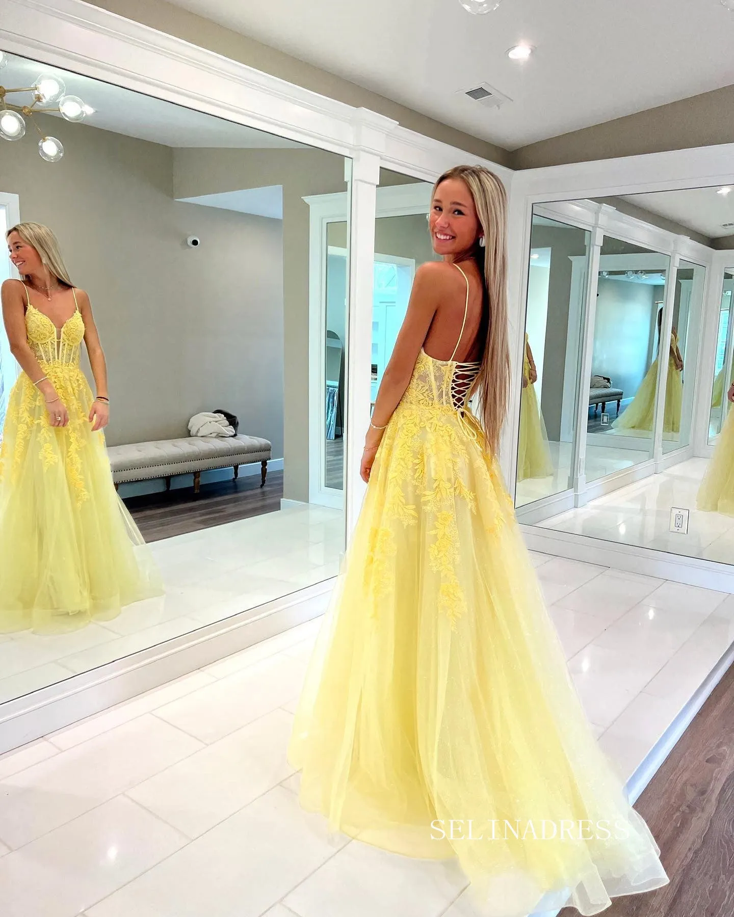 Chic A-line Spaghetti Straps Lace Long Prom Dress Yellow Elegant Evening Dresses #LOP805