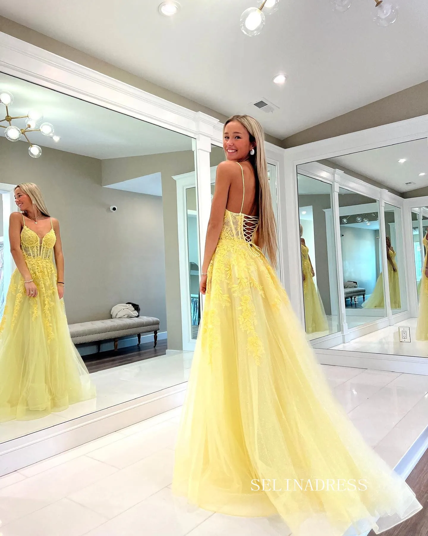 Chic A-line Spaghetti Straps Lace Long Prom Dress Yellow Elegant Evening Dresses #LOP805