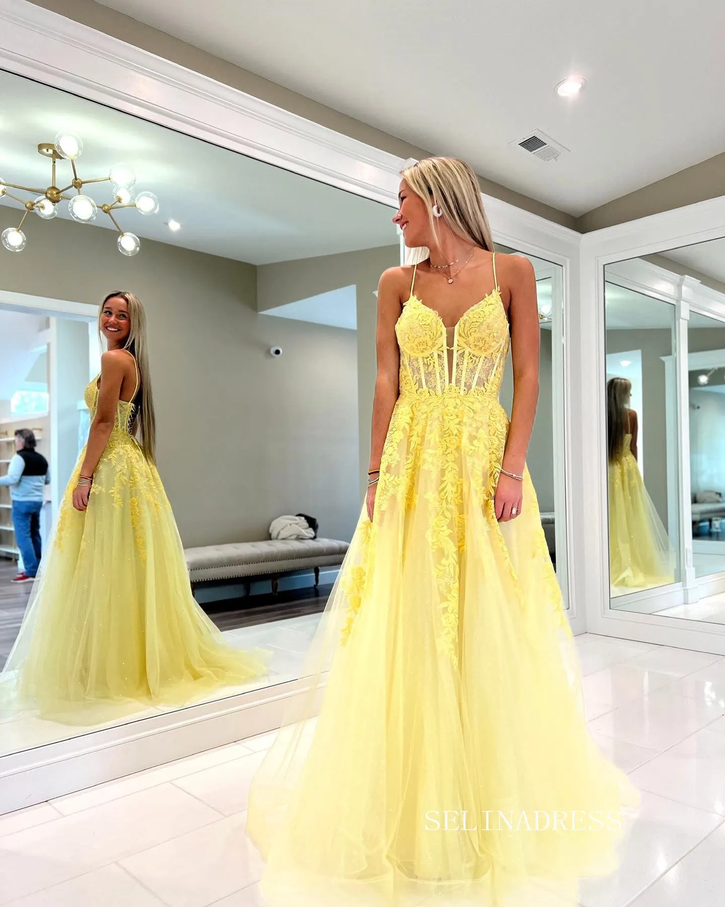 Chic A-line Spaghetti Straps Lace Long Prom Dress Yellow Elegant Evening Dresses #LOP805