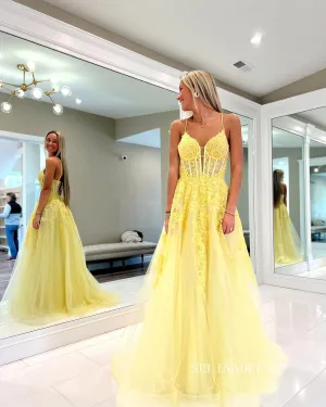 Chic A-line Spaghetti Straps Lace Long Prom Dress Yellow Elegant Evening Dresses #LOP805