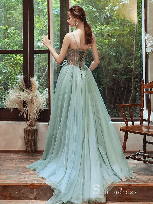 Chic A-line Spaghetti Straps Lace Long Prom Dresses Green Evening Gowns CBD221