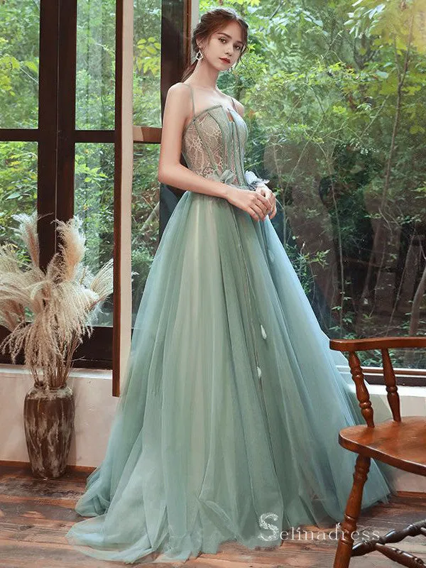 Chic A-line Spaghetti Straps Lace Long Prom Dresses Green Evening Gowns CBD221