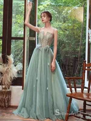 Chic A-line Spaghetti Straps Lace Long Prom Dresses Green Evening Gowns CBD221