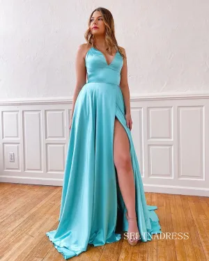 Chic A-line Spaghetti Straps Light Sky Blue Long Prom Dresses Cheap Evening Gowns MLH023