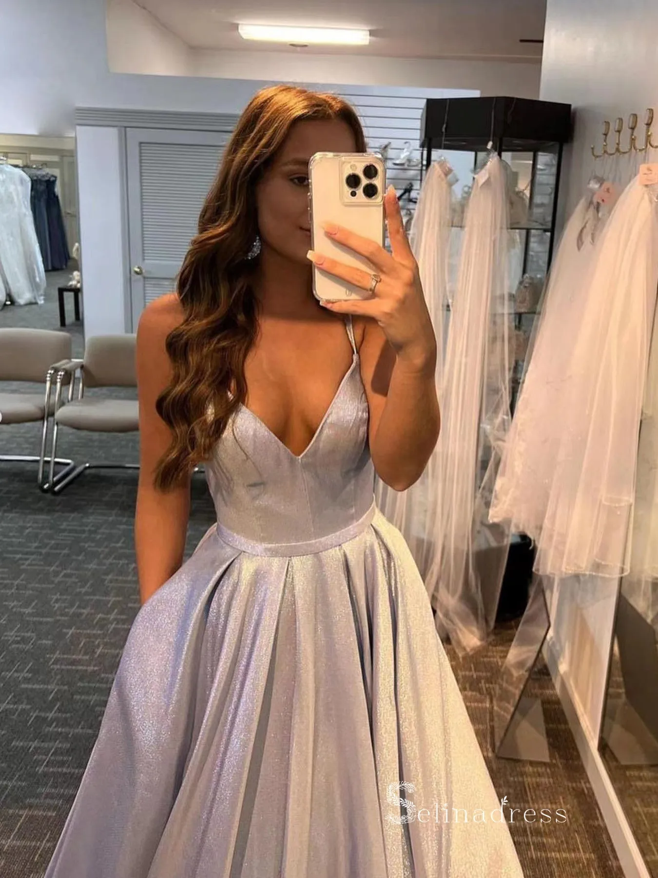 Chic A-line Spaghetti Straps Light Sky Blue Long Prom Dresses Sparkly Evening Dress MLK031