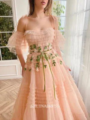 Chic A-line Spaghetti Straps Peach Layered Long Prom Dress Elegant Twilight Elegance Gown #LOP200