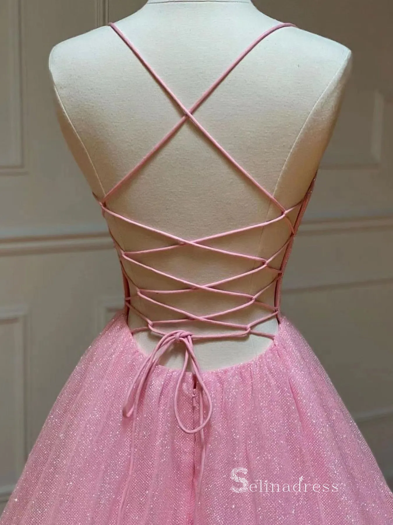 Chic A-line Spaghetti Straps Pink Long Prom Dresses Sparkly Evening Dress MLK032