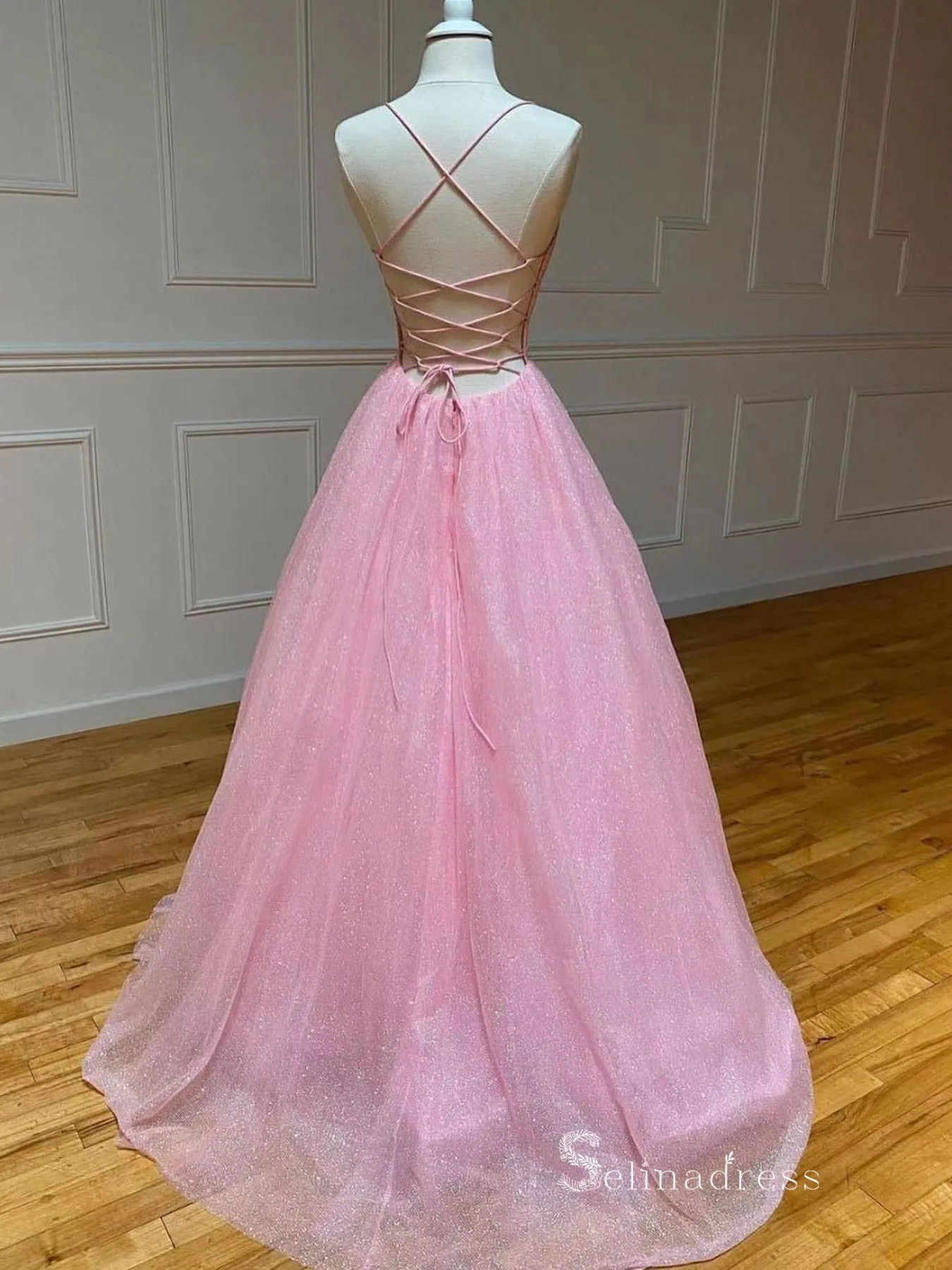 Chic A-line Spaghetti Straps Pink Long Prom Dresses Sparkly Evening Dress MLK032