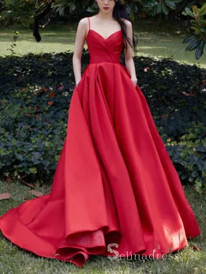 Chic A-line Spaghetti Straps Red Simple Long Prom Dresses Satin Evening Dresses MLH1225