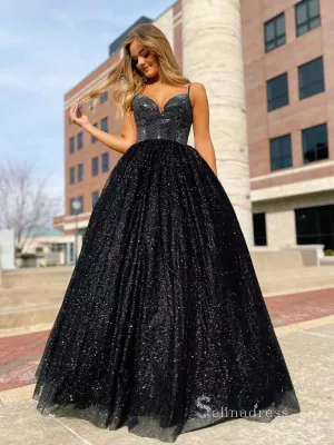 Chic A-line Spaghetti Straps Sparkly Long Prom Dresses Black Evening Dress MLK025