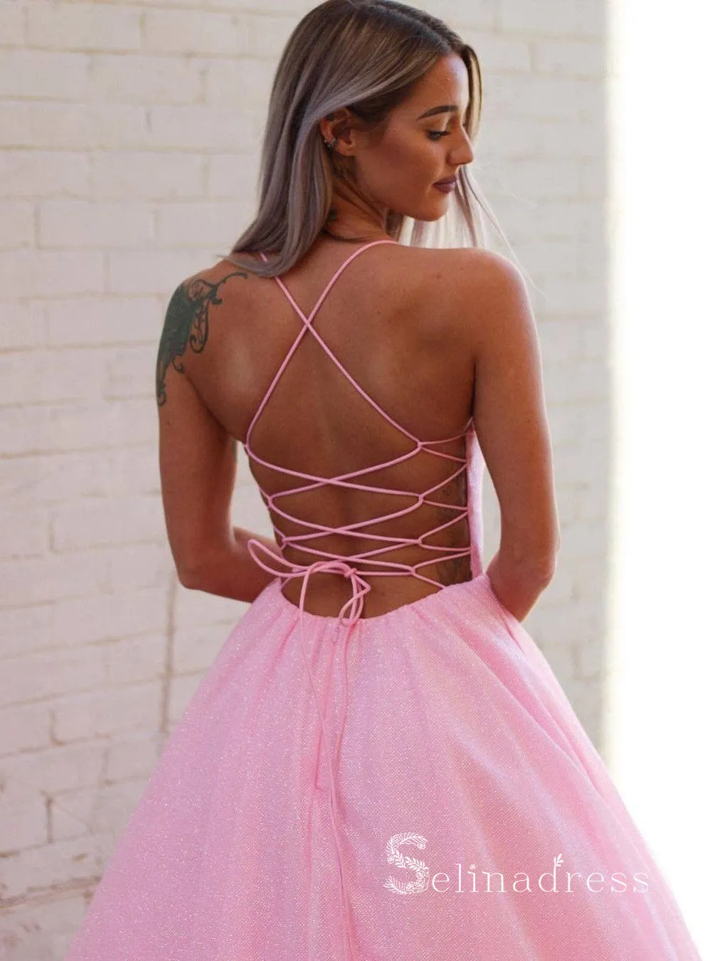 Chic A-line Spaghetti Straps Unique Long Prom Dresses Pink Evening Dress CBD072