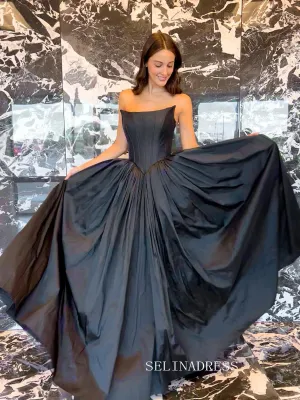 Chic A-line Strapless Black Long Prom Dress Taffeta Elegant Evening Dress #OPW009