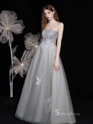 Chic A-line Strapless Unique Long Prom Dresses Cheap Formal Gowns CBD115