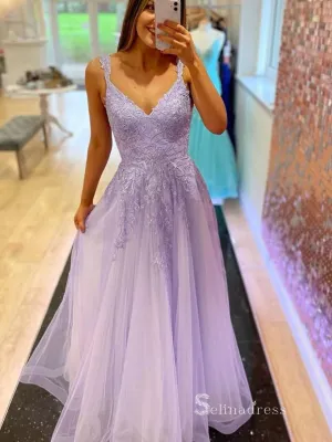 Chic A-line Straps Lilac Long Prom Dresses Applique Evening Dress MLK028