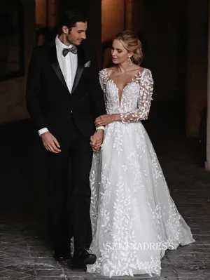 Chic A-line V neck 3D Floral Lace Wedding Dress Long Sleeve Rustic Bridal Gowns JKW205