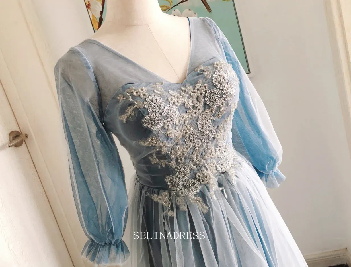 Chic A-line V neck Blue Long Prom Dresses With Long Sleeve Princess Dresses Long Formal Dress OSTY053