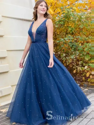 Chic A-line V neck Long Prom Dresses Navy Tulle Evening Dress CBD224