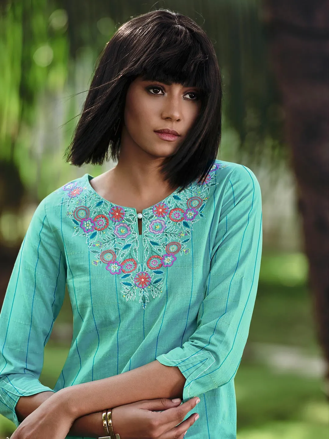 Chic & Elegant Sky Blue Kurti Embroidered On Pure Woven Cotton Checks