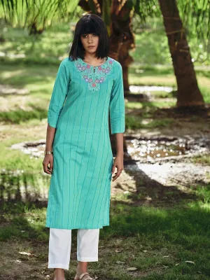 Chic & Elegant Sky Blue Kurti Embroidered On Pure Woven Cotton Checks