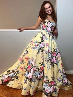 Chic Beautiful A-line Long Prom Dresses Strapless Yellow Flower Evening Dresses jkw235