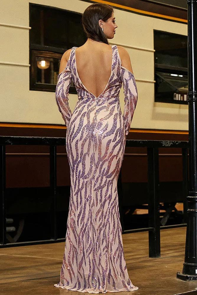 Chic Cut Out Long Sleeve High Split Prom Evening Dresses