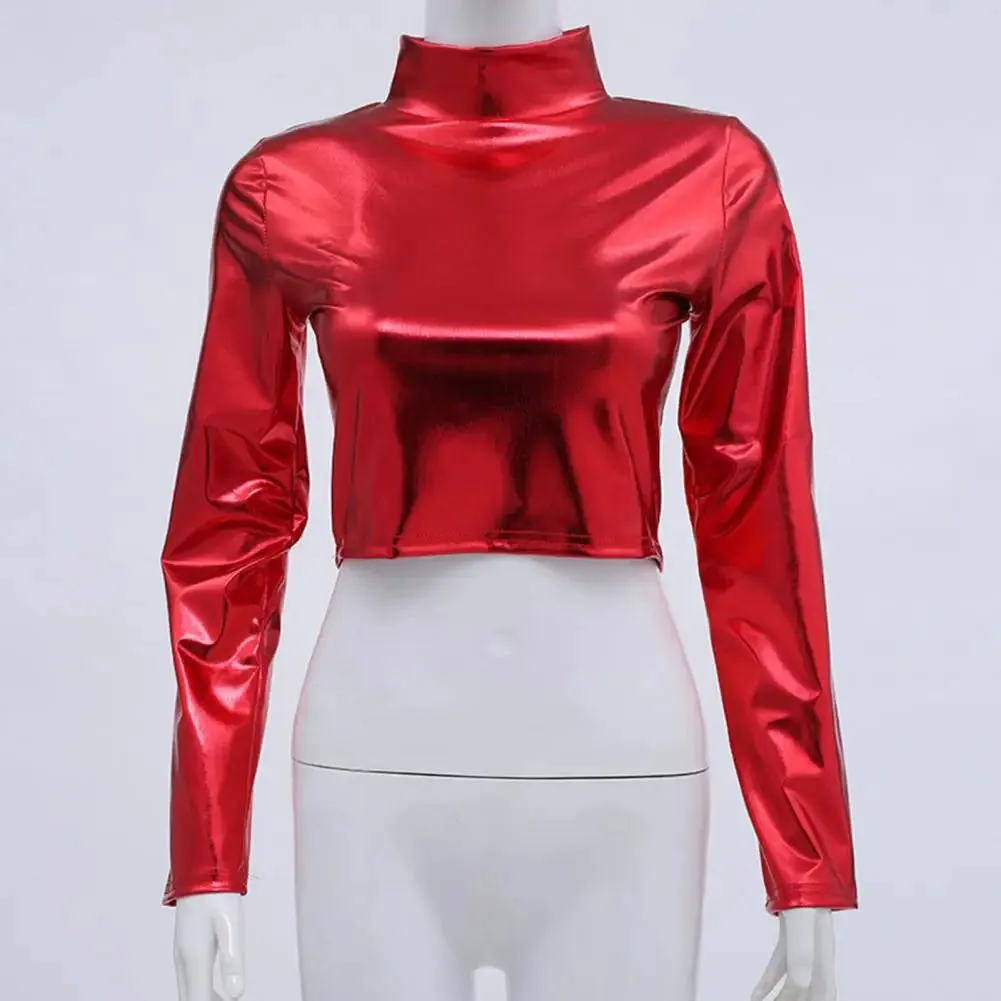 Chic Faux Leather Half-high Collar Crop Top