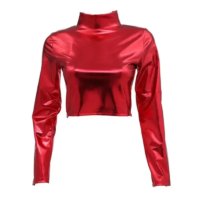 Chic Faux Leather Half-high Collar Crop Top