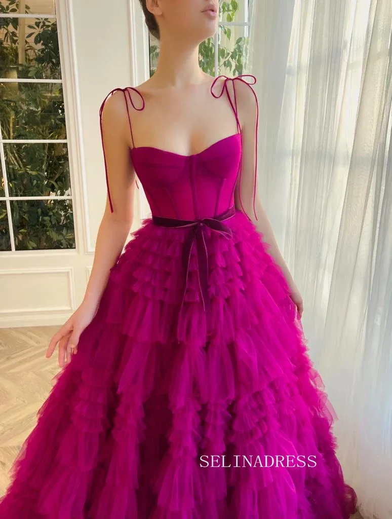 Chic Gorgeous Frill Layered Gown Long Prom Dresses A-line Spaghetti Straps Fuchsia Evening Dresses jkw233