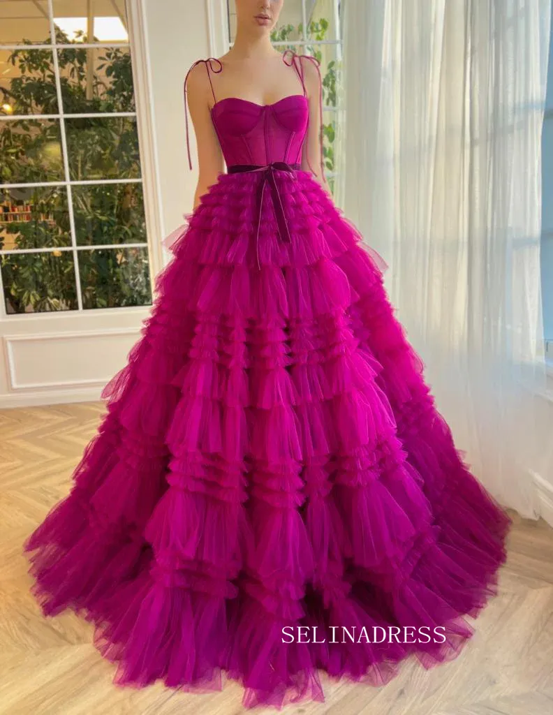 Chic Gorgeous Frill Layered Gown Long Prom Dresses A-line Spaghetti Straps Fuchsia Evening Dresses jkw233