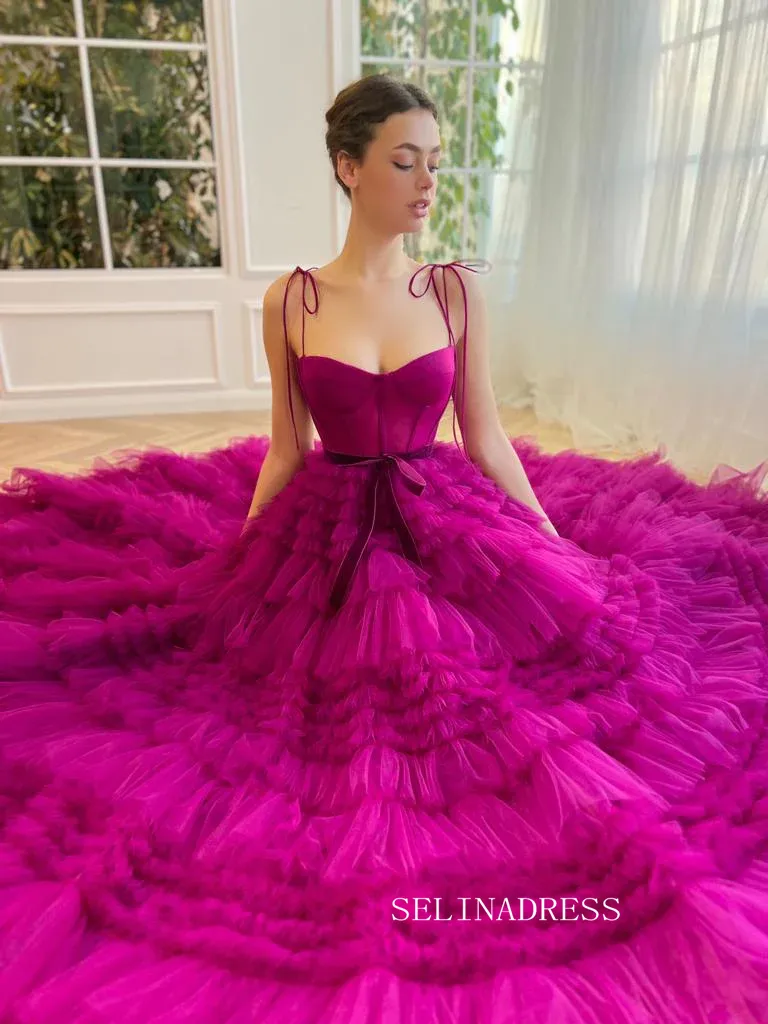 Chic Gorgeous Frill Layered Gown Long Prom Dresses A-line Spaghetti Straps Fuchsia Evening Dresses jkw233