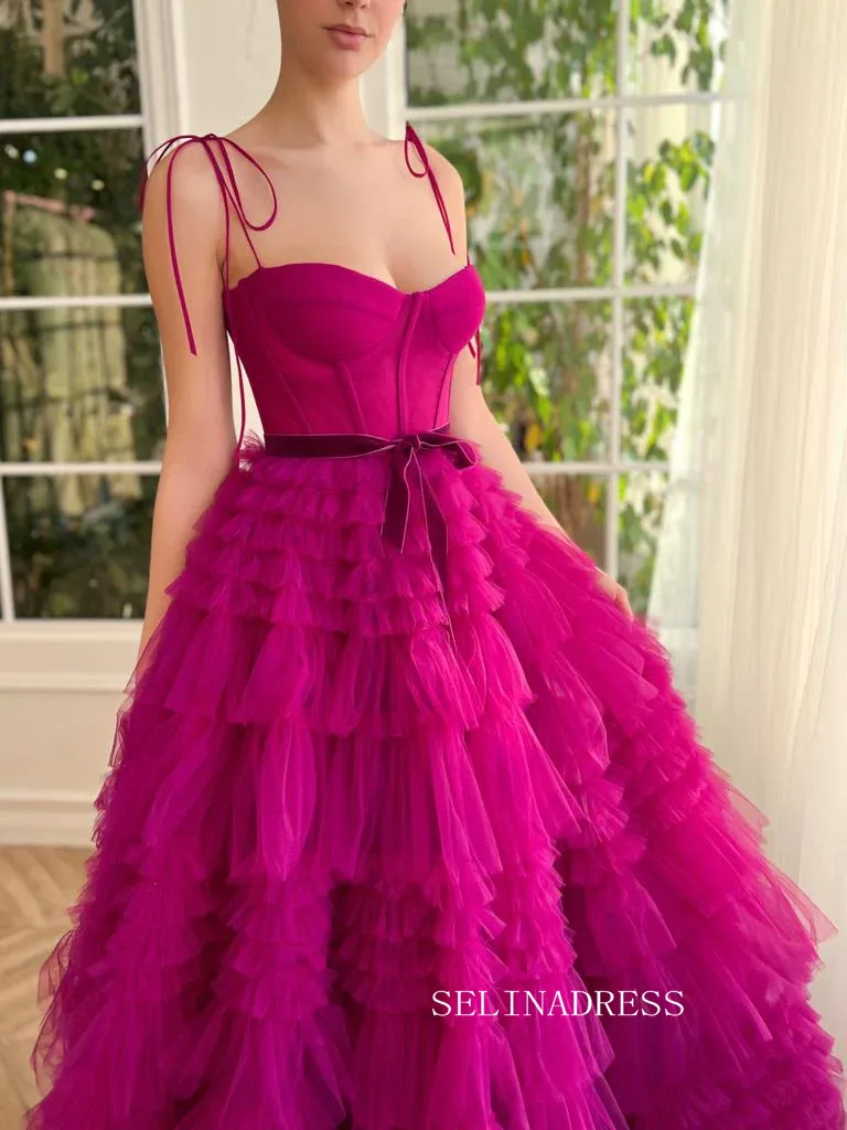 Chic Gorgeous Frill Layered Gown Long Prom Dresses A-line Spaghetti Straps Fuchsia Evening Dresses jkw233