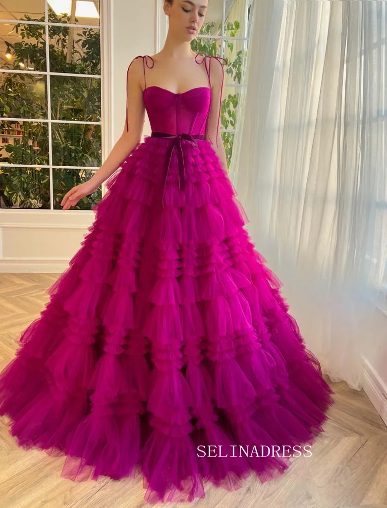 Chic Gorgeous Frill Layered Gown Long Prom Dresses A-line Spaghetti Straps Fuchsia Evening Dresses jkw233