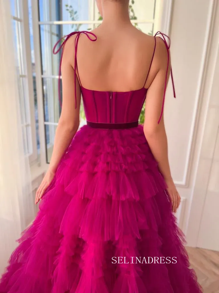 Chic Gorgeous Frill Layered Gown Long Prom Dresses A-line Spaghetti Straps Fuchsia Evening Dresses jkw233