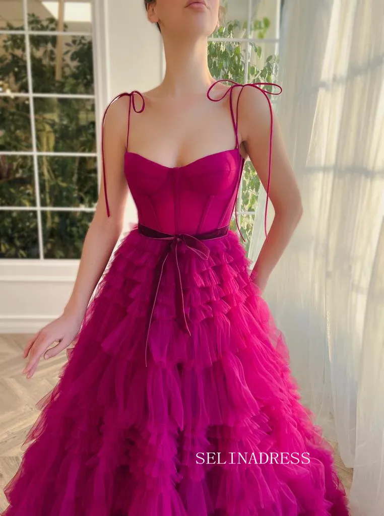 Chic Gorgeous Frill Layered Gown Long Prom Dresses A-line Spaghetti Straps Fuchsia Evening Dresses jkw233