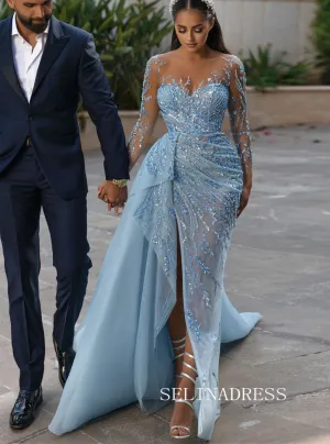 Chic Long Sleeve Evening Prom Gowns Light Sky Blue Elegant Evening Dress SEW0162