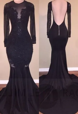 Chic Mermaid Black Long-Sleeves Backless Appliques Prom Party Gowns