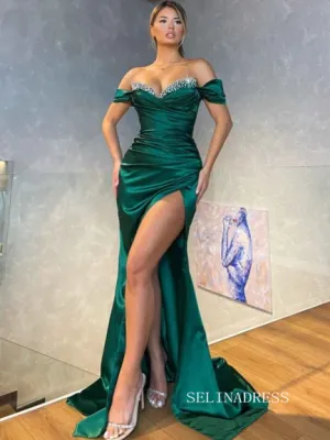 Chic Mermaid Off-the-shoulder Hunter Long Prom Dresses High Split Evening Dress sew0308