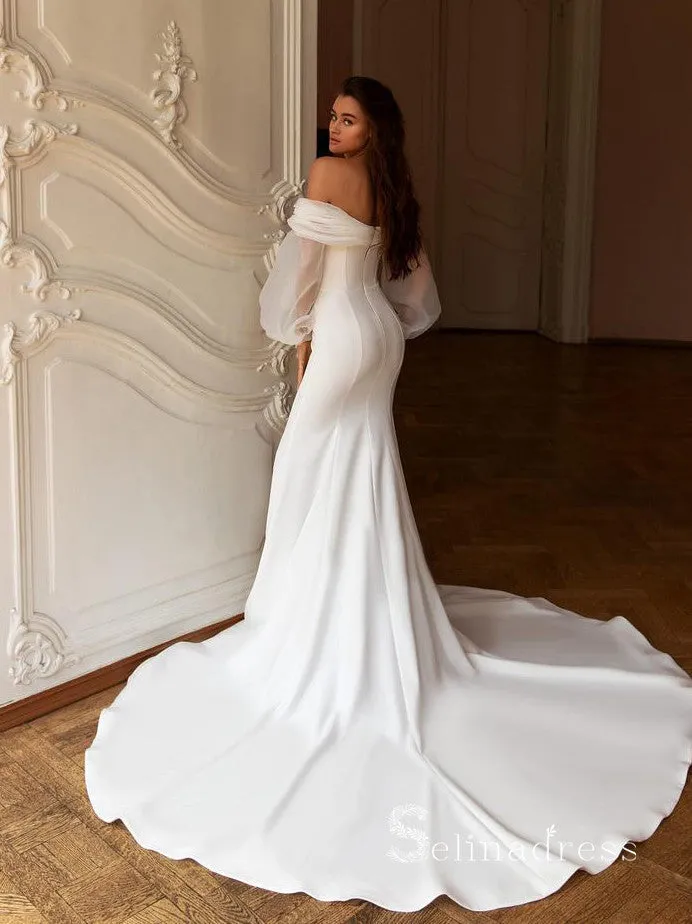 Chic Mermaid Off-the-shoulder Long Sleeve White Wedding Dresses Cheap Bridal Gowns CBD420