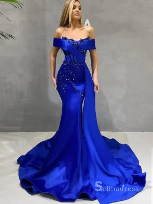 Chic Mermaid Off-the-shoulder Royal Blue Long Prom Dresses Cheap Satin Evening Dresses MLH1211