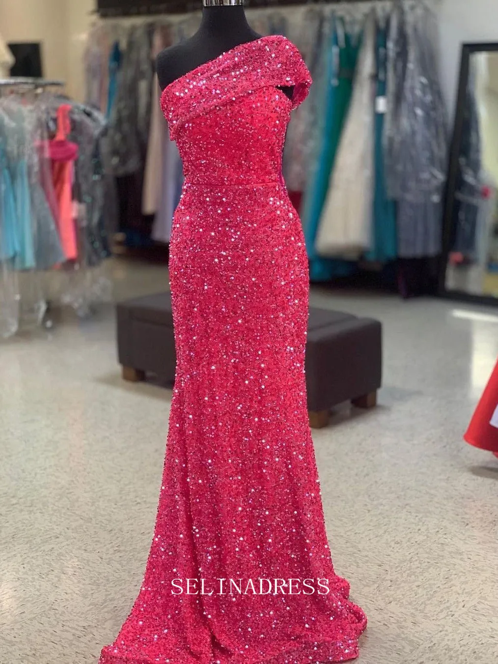 Chic Mermaid One Shoulder Elegant Long Prom Dress Sequins Formal Gown Evening Dress #LOP212