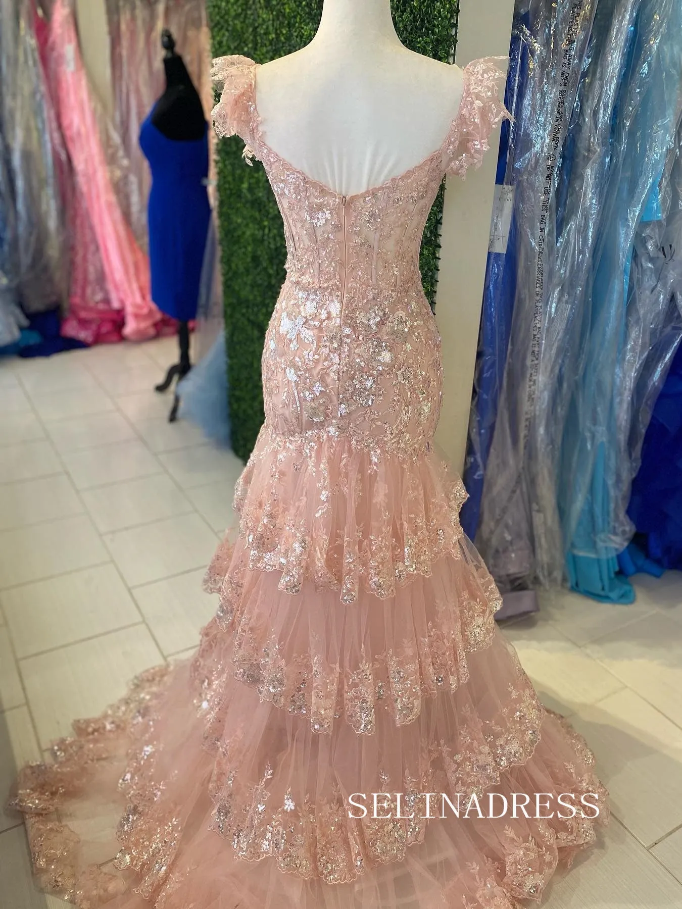 Chic Mermaid Pink Lace Long Prom Dresses Layered Long Evening Dress #TKL203