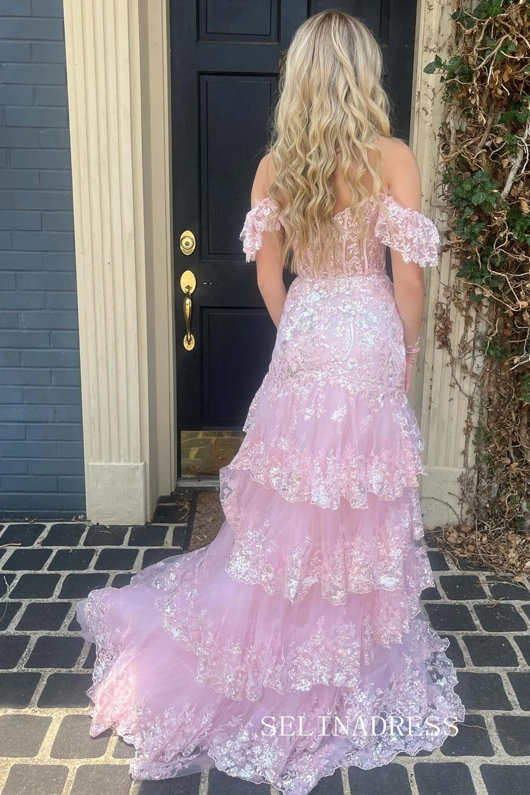 Chic Mermaid Pink Lace Long Prom Dresses Layered Long Evening Dress #TKL203